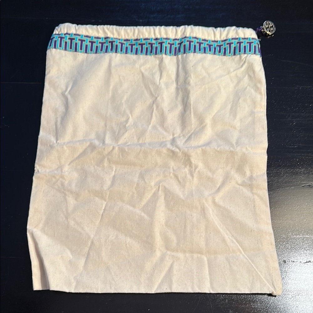 Tory Burch Cream Duster Drawstring Bag with Blue and Green Trim